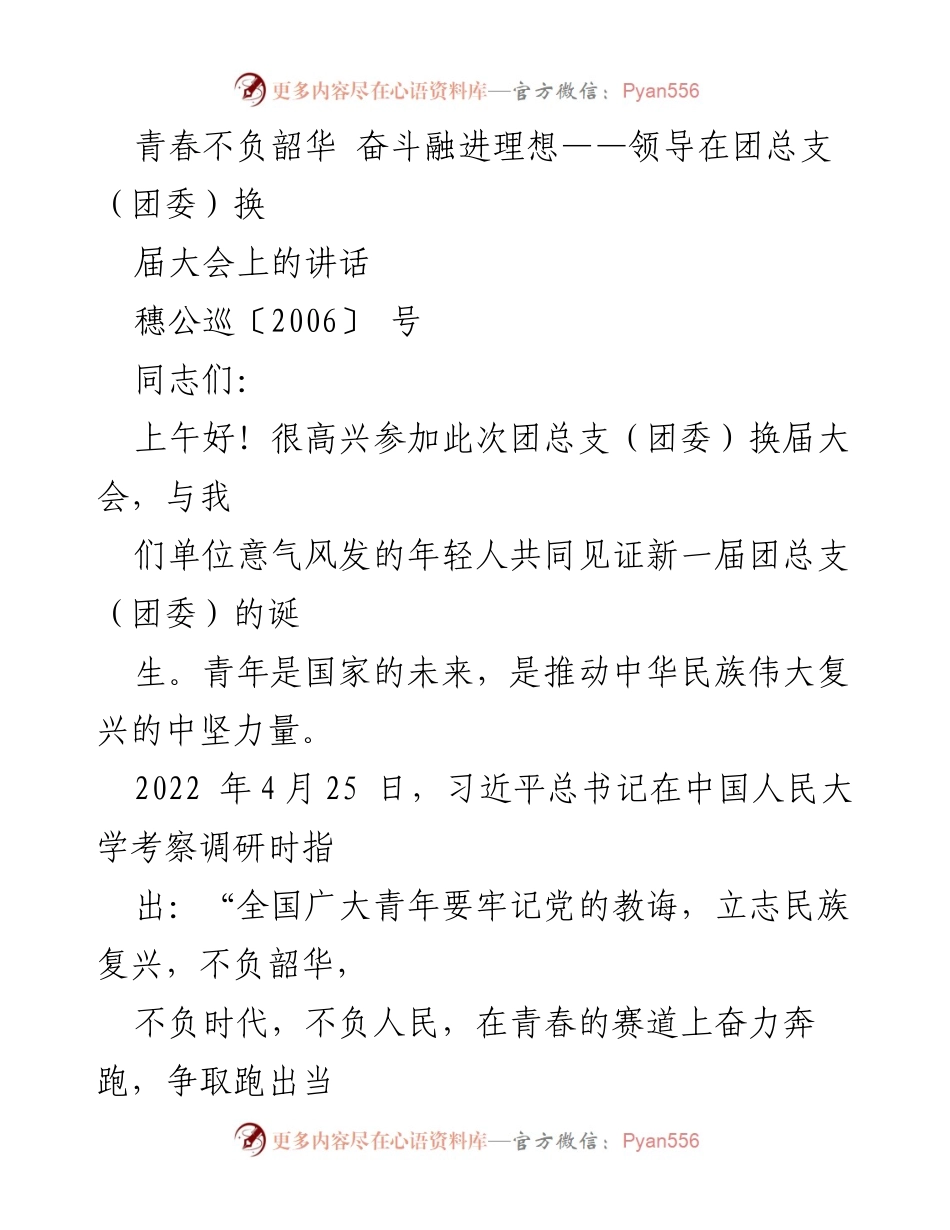 [发言] 团总支换届大会 - 青春不负韶华，奋斗融入理想.docx_第1页
