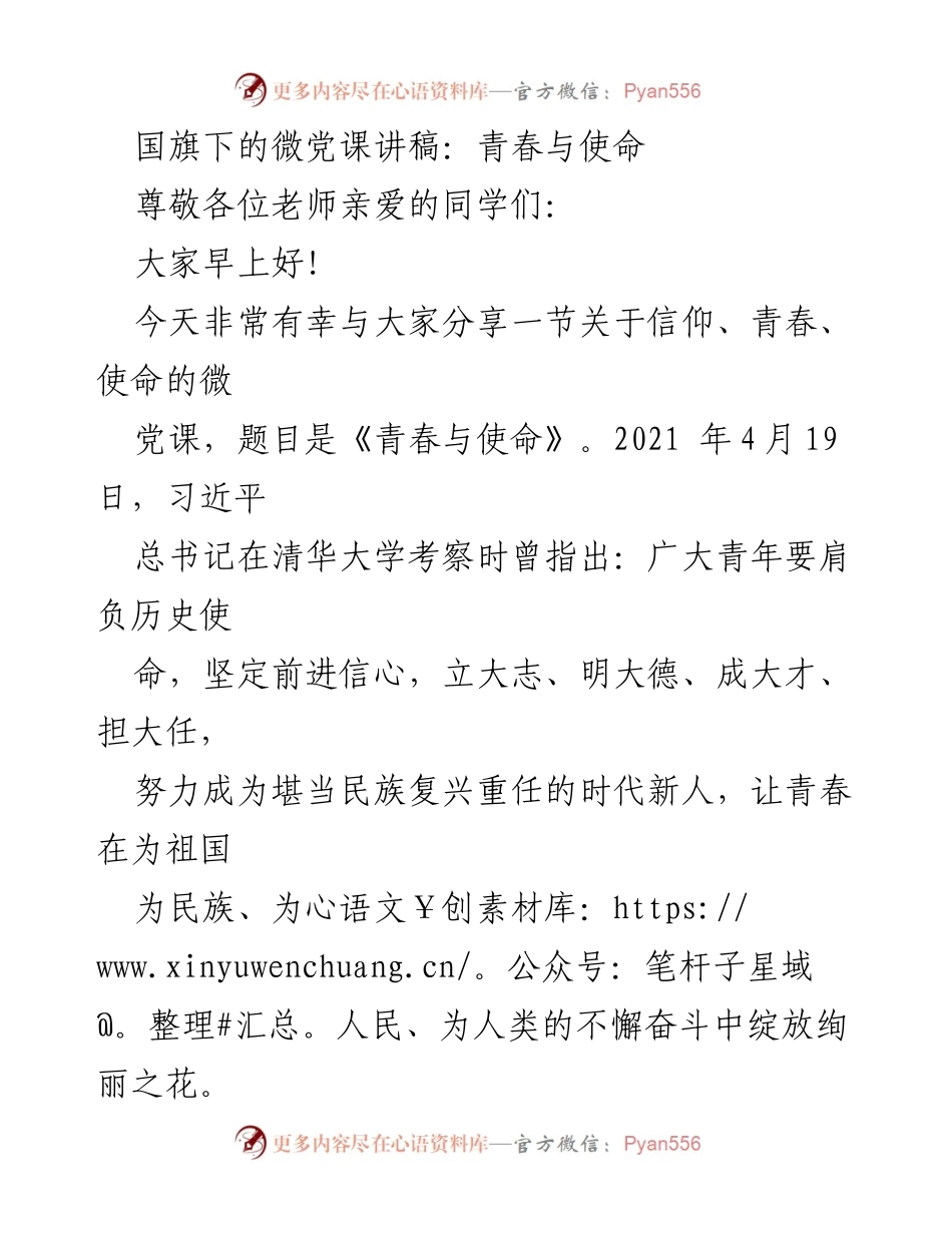 [发言] 国旗下的微党课 - 青春与使命：新时代青年的历史责任与奋斗精神.docx_第1页