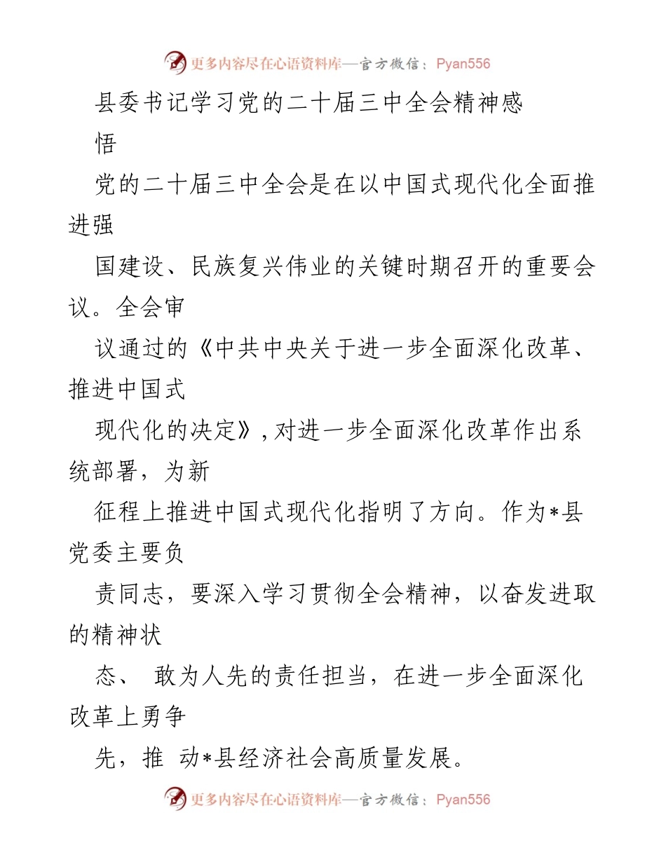 [发言] 县委书记学习会议 - 深入学习贯彻党的二十届三中全会精神，推动县域高质量发展.docx_第1页