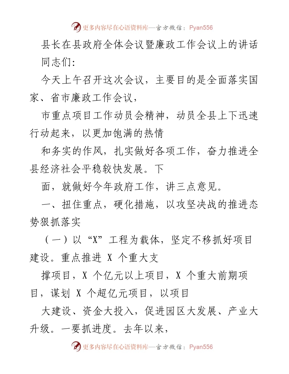 [发言] 县政府全体会议暨廉政工作会议 - 推动经济社会发展的重要举措与项目建设策略.docx_第1页