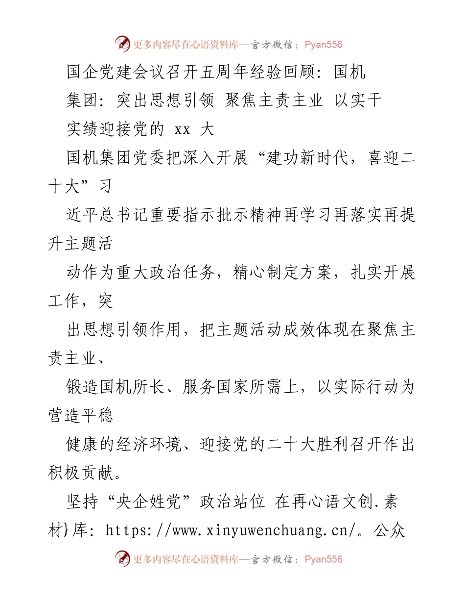[发言] 国企党建会议 - 国机集团五周年党建经验回顾与主题活动推进.docx_第1页