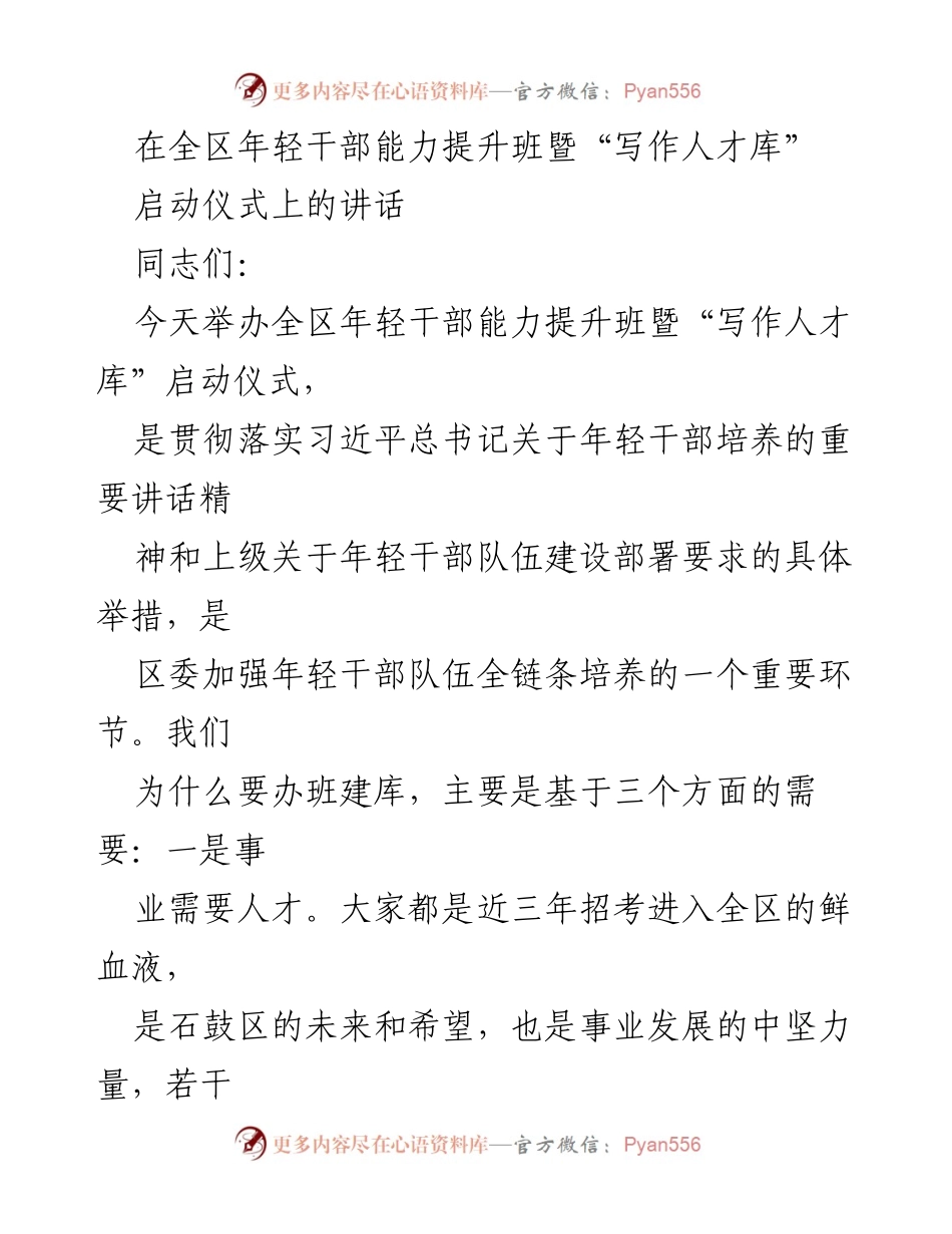 [发言] 启动仪式 - 全区年轻干部能力提升班暨“写作人才库”启动的重要意义.docx_第1页