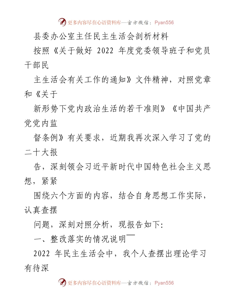 [发言] 县委民主生活会 - 县委办公室主任民主生活会剖析与整改报告.docx_第1页