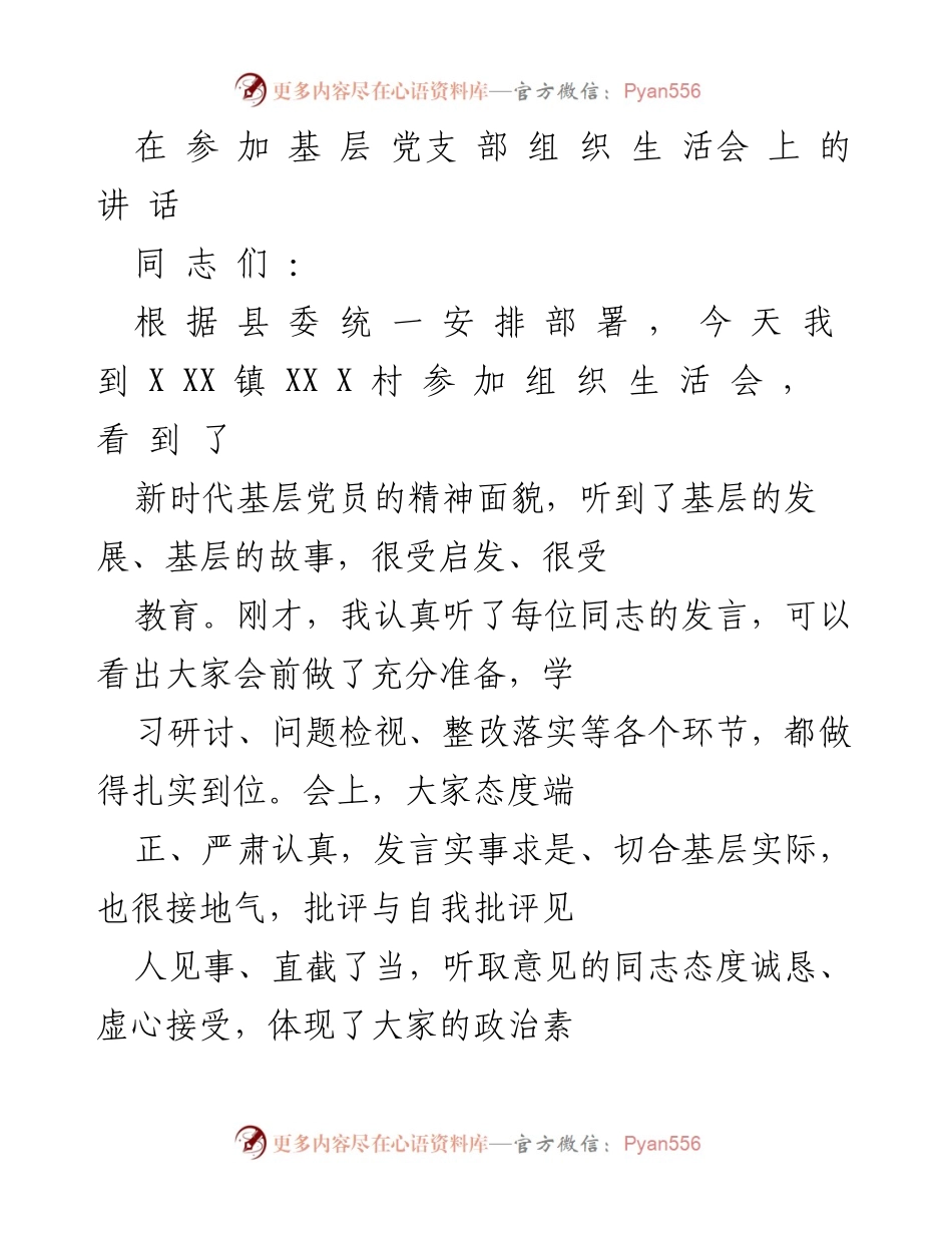 [发言] 基层党支部组织生活会 - 加强基层组织建设，推动乡村振兴_1.docx_第1页