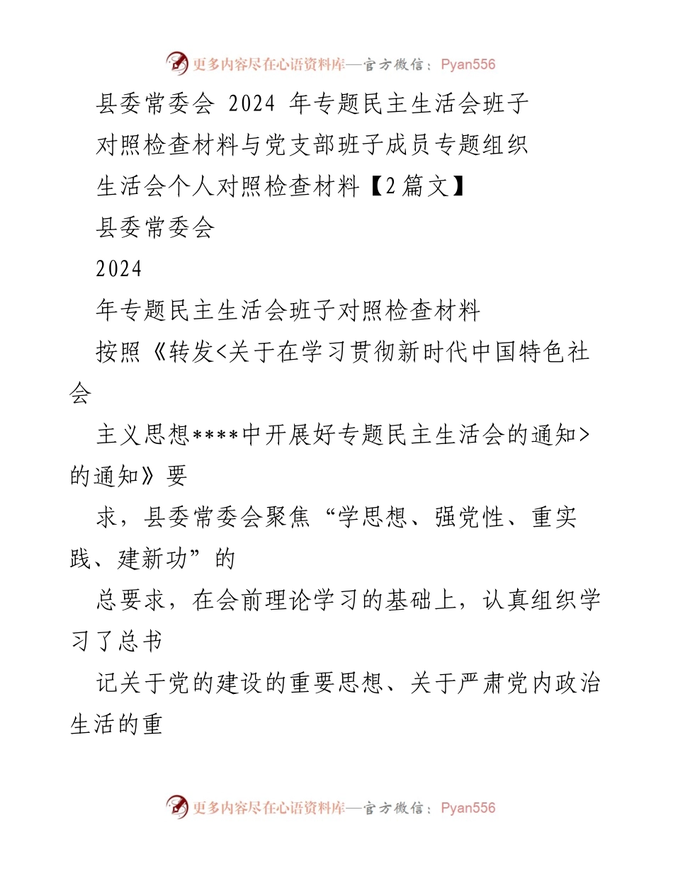 [发言] 县委常委会 - 2024年专题民主生活会班子对照检查材料分析.docx_第1页