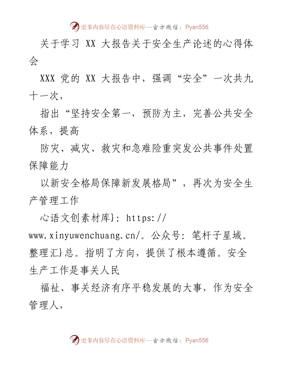 [发言] 学习心得分享 - 深刻领会党的XX大报告中的安全生产理念.docx_第1页