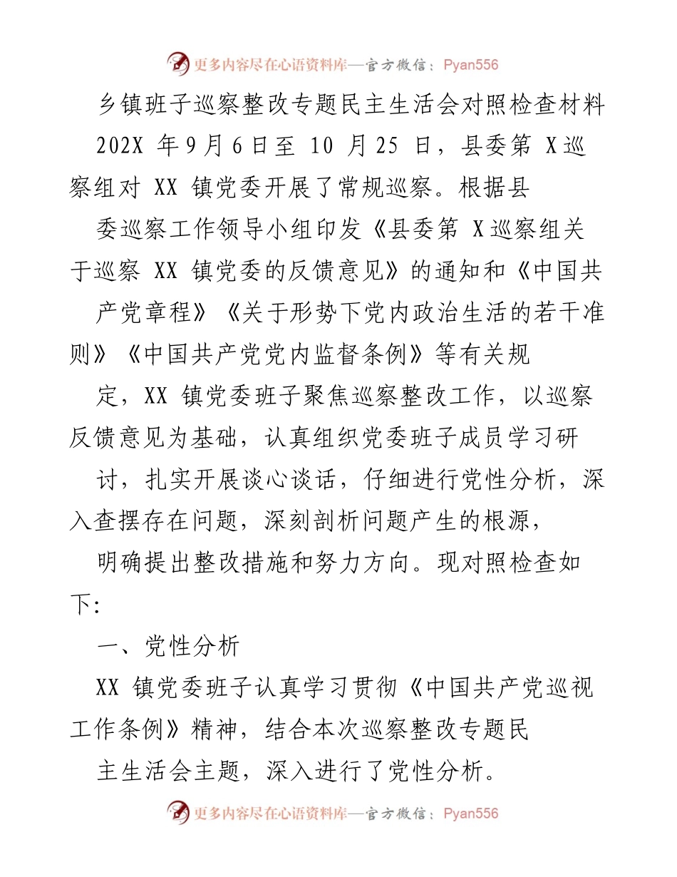 [发言] 巡察整改专题民主生活会 - 乡镇党委班子巡察整改对照检查发言材料.docx_第1页