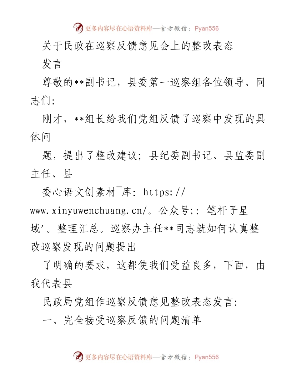 [发言] 巡察反馈意见会 - 民政局整改表态发言.docx_第1页