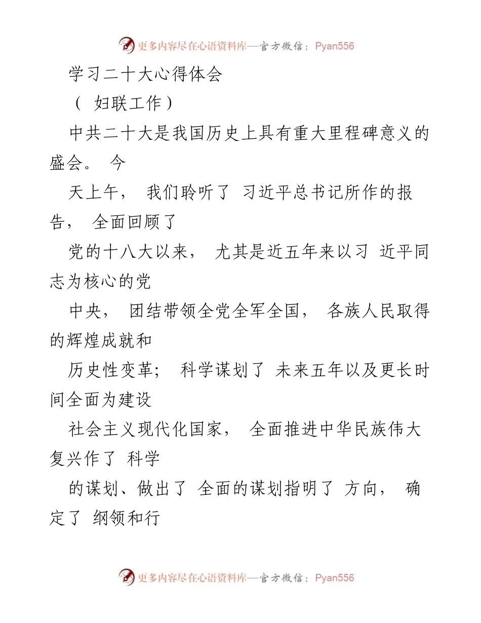 [发言] 妇联工作 - 学习二十大精神，坚定妇女工作信念与决心.docx_第1页