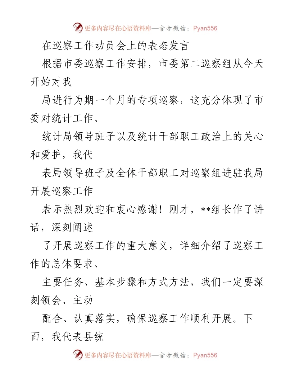 [发言] 巡察工作动员会 - 积极配合市委巡察，确保统计局工作高效运行.docx_第1页