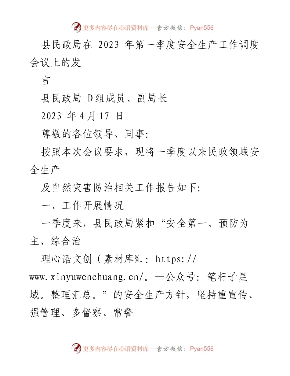 [发言] 安全生产工作调度会议 - 一季度民政领域安全生产工作汇报.docx_第1页