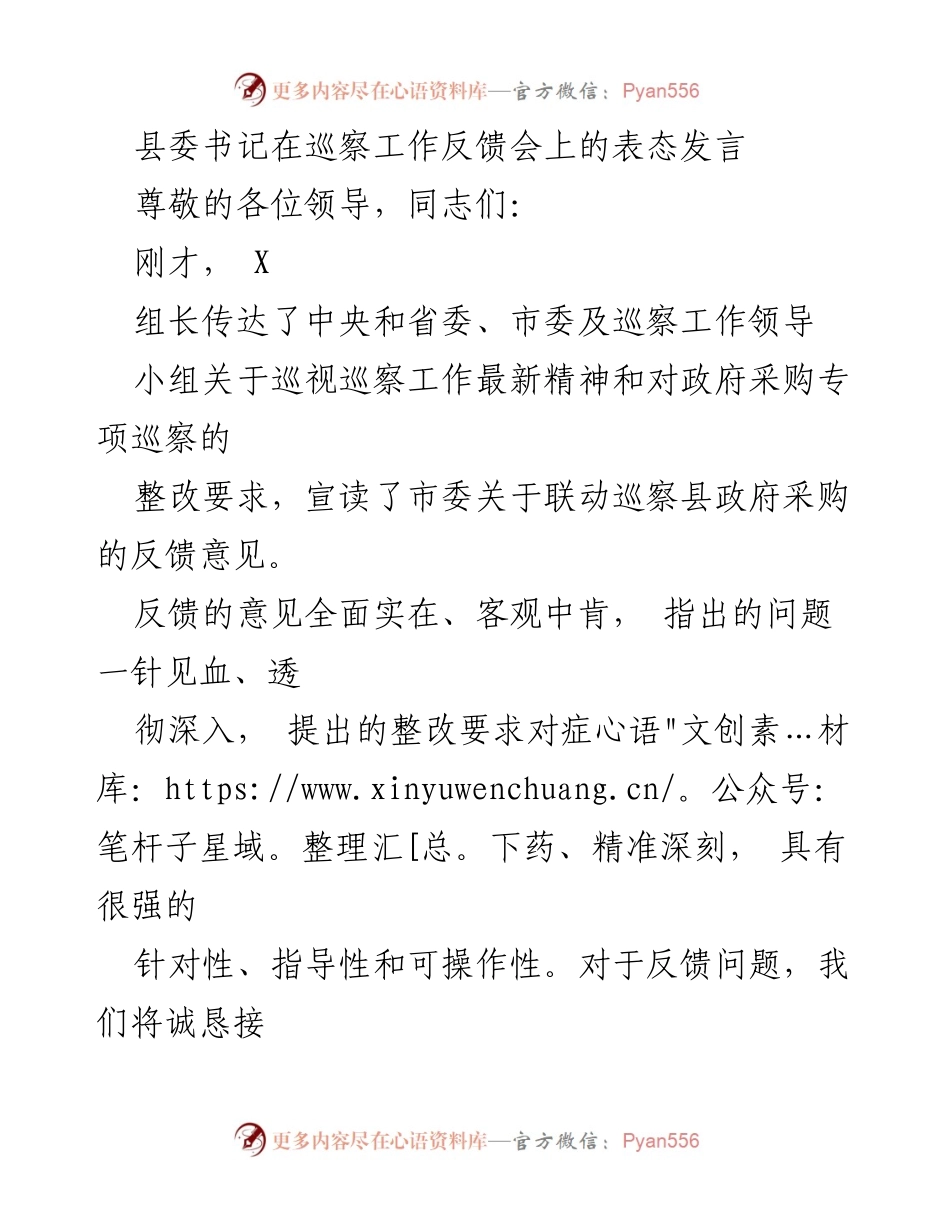[发言] 巡察工作反馈会 - 县委书记关于政府采购巡察整改的表态发言.docx_第1页