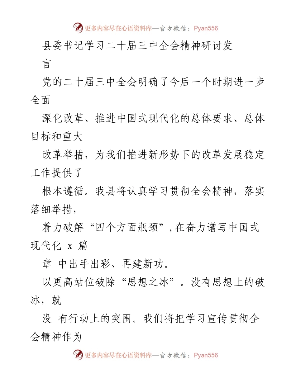 [发言] 学习研讨会 - 深入学习贯彻党的二十届三中全会精神，推动中国式现代化发展.docx_第1页