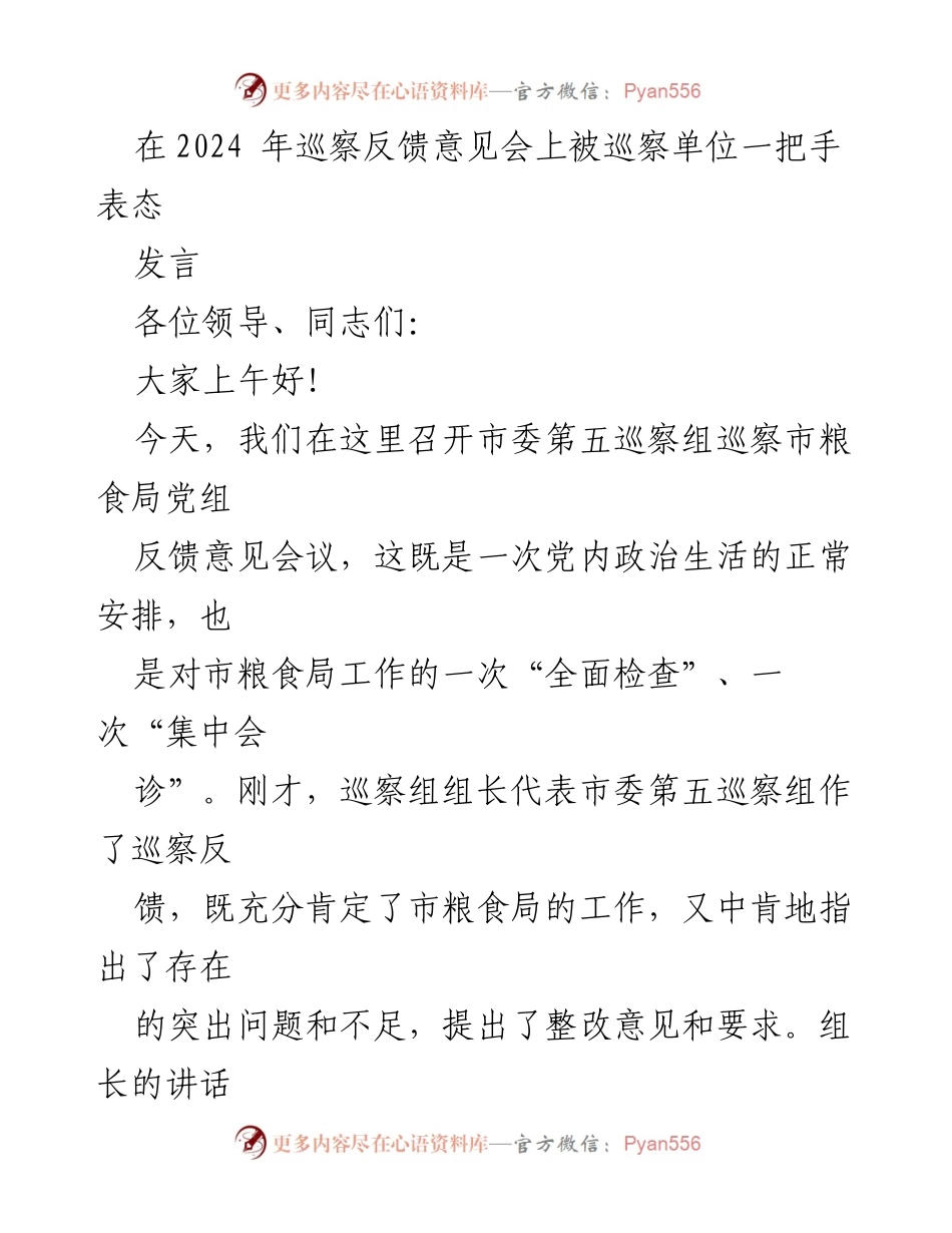 [发言] 巡察反馈会议 - 市粮食局党组表态发言_1.docx_第1页