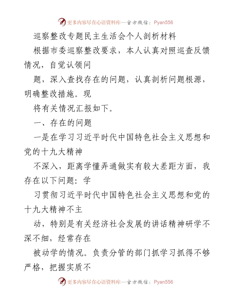 [发言] 巡察整改专题民主生活会 - 个人问题剖析与整改措施总结.docx_第1页
