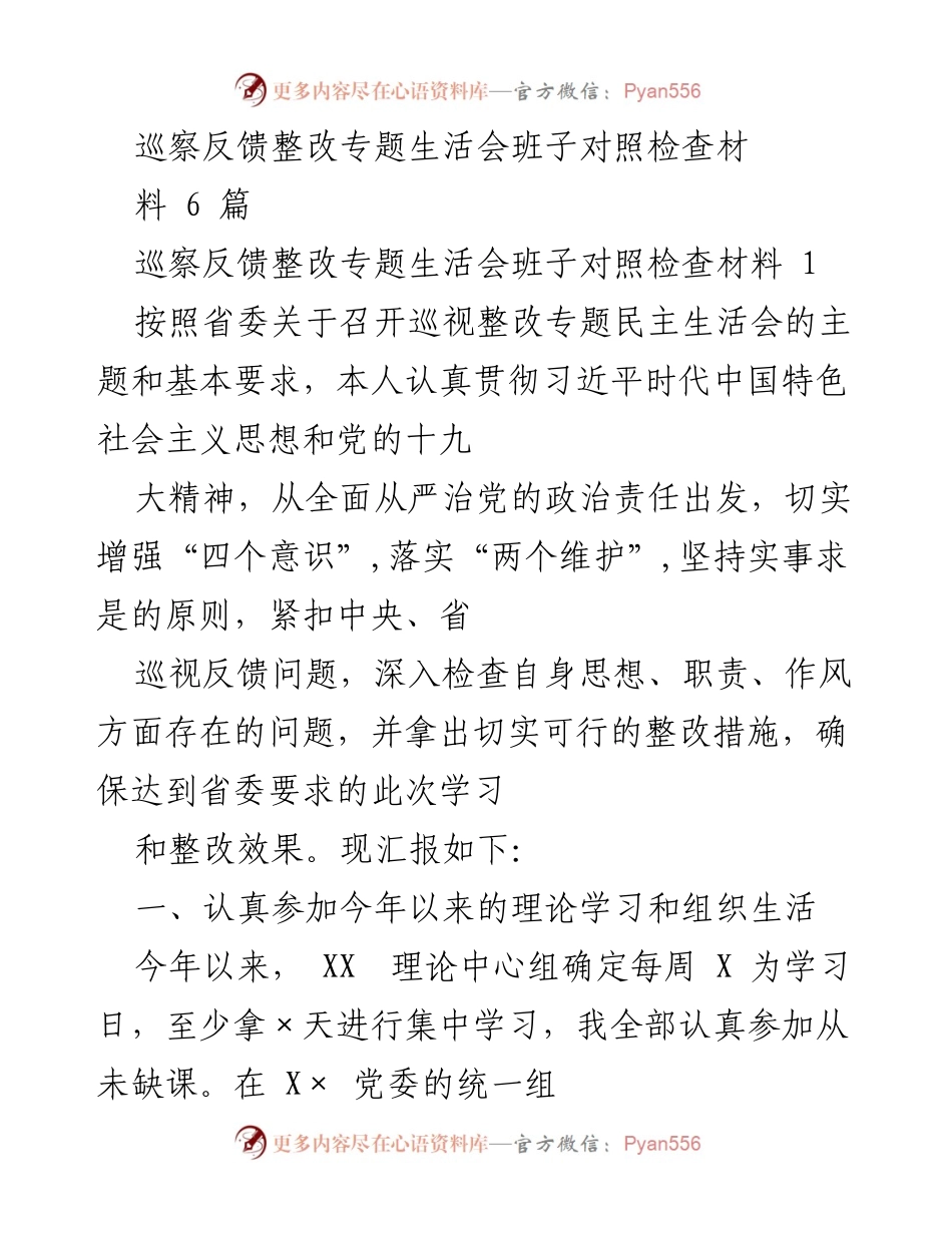 [发言] 巡察整改专题民主生活会 - 巡察反馈整改落实与思想自查报告.docx_第1页
