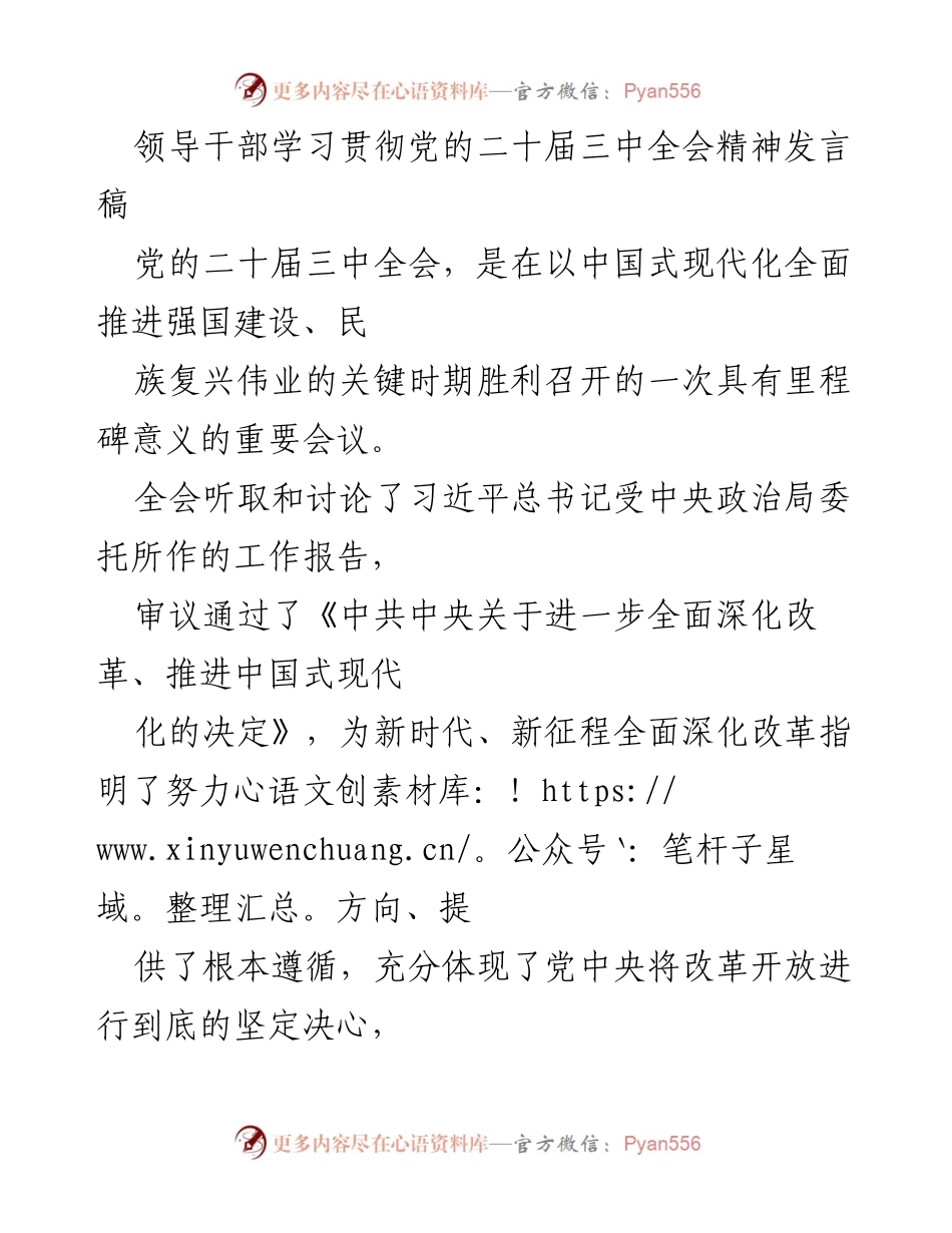 [发言] 学习会议 - 领导干部学习贯彻党的二十届三中全会精神的发言稿.docx_第1页
