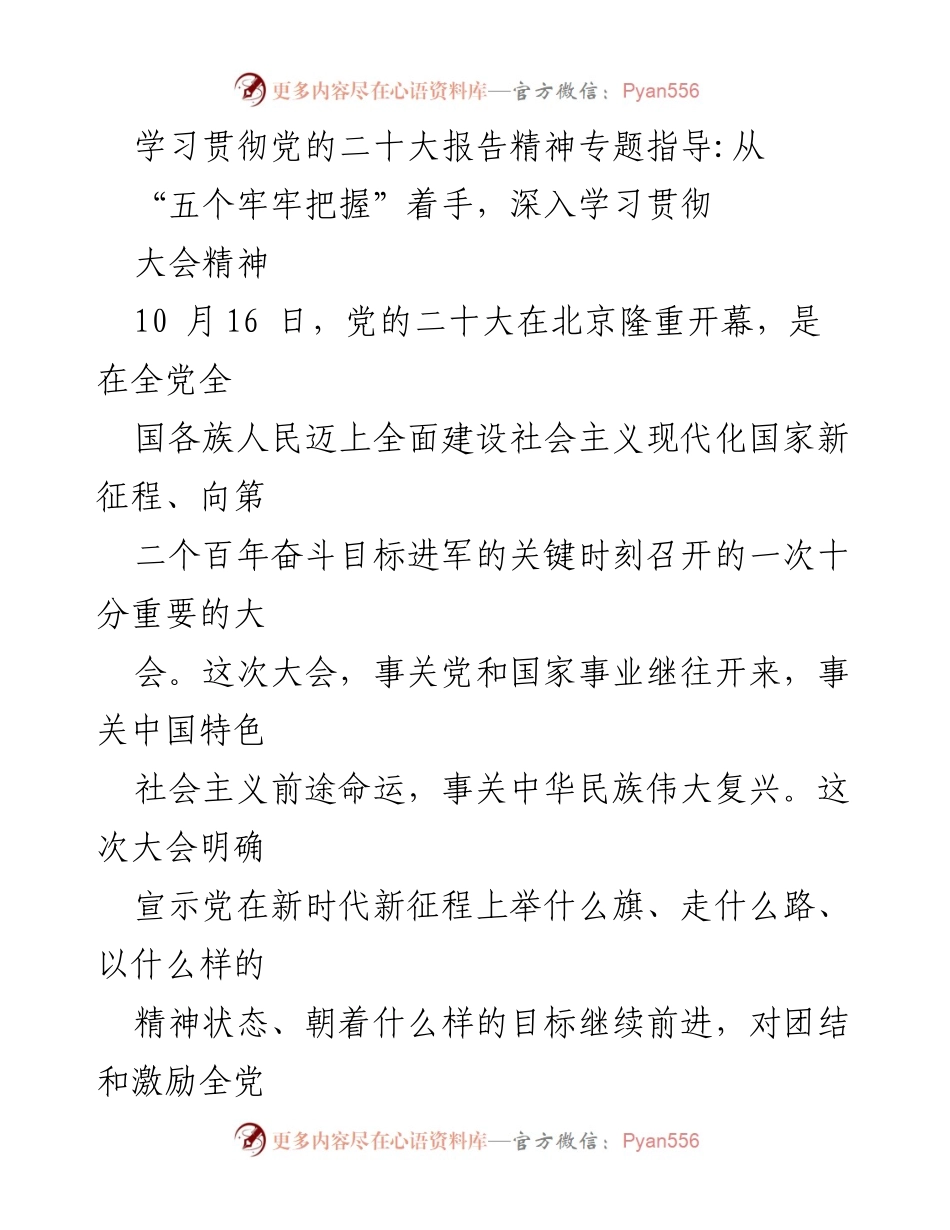 [发言] 学习贯彻党的二十大报告精神专题指导 - 深入学习贯彻党的二十大报告精神的“五个牢牢把握”.docx_第1页