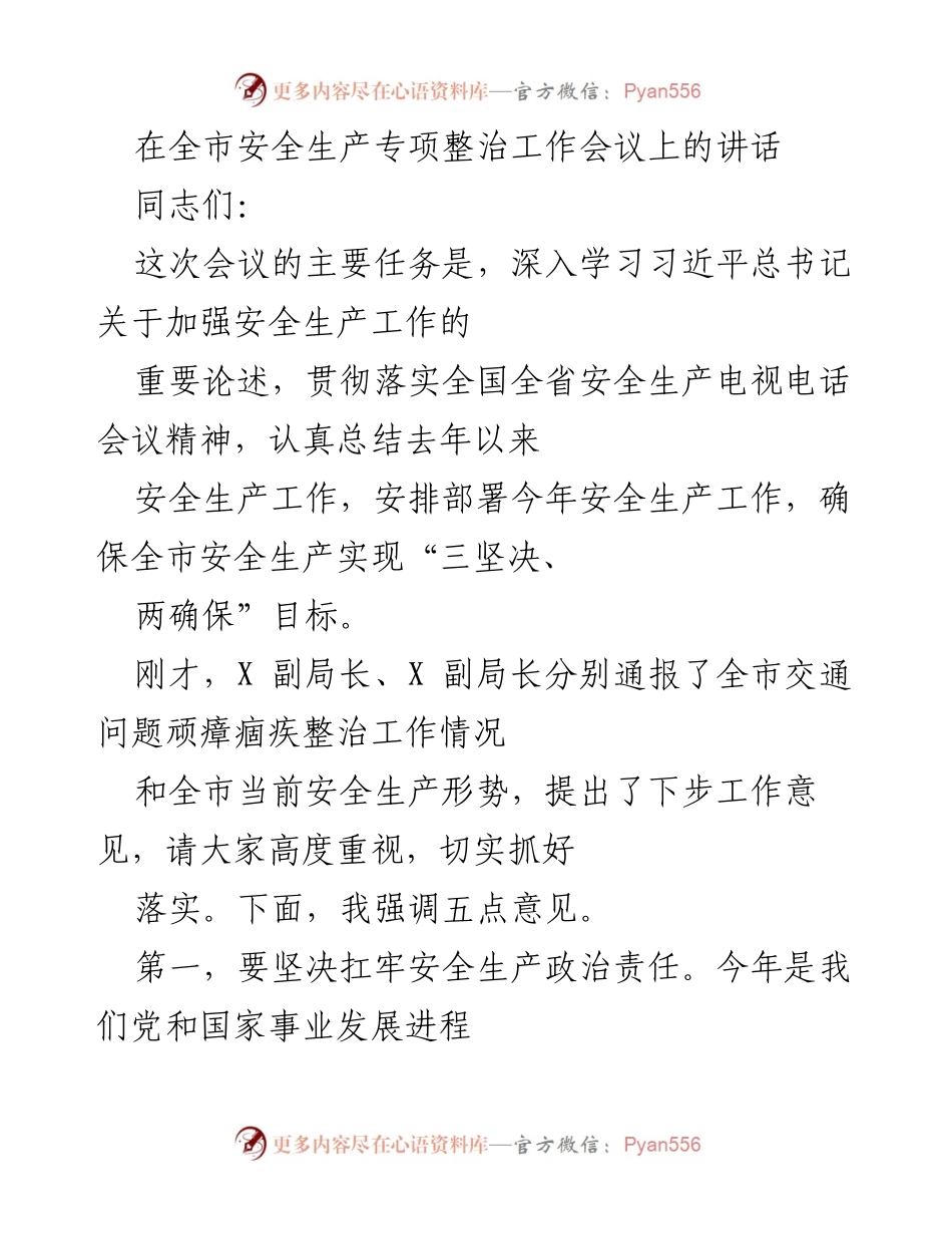 [发言] 安全生产专项整治工作会议 - 强化安全生产责任，确保全市安全形势稳定.docx_第1页