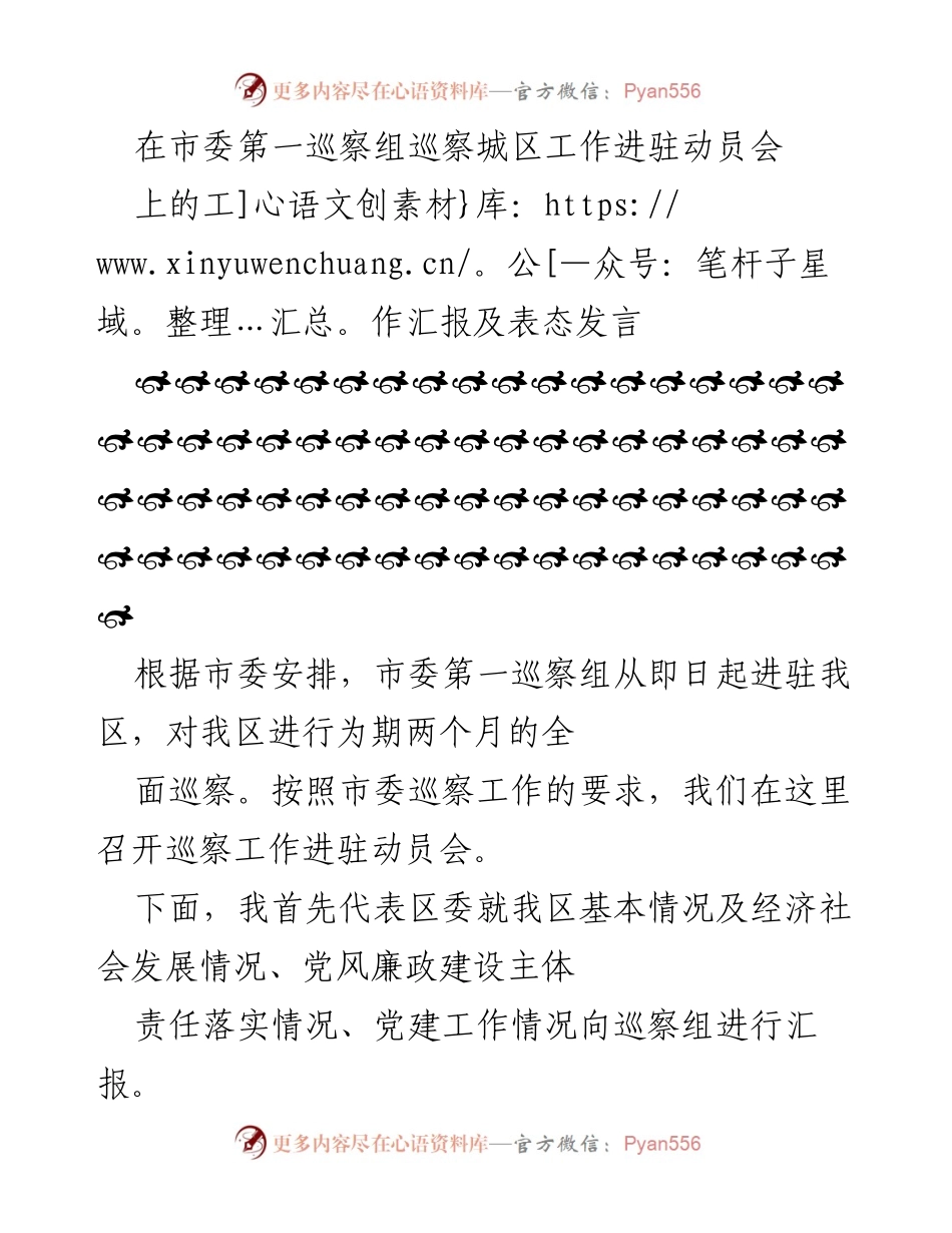 [发言] 巡察工作动员会 - 巡察工作进驻动员会汇报及表态发言.docx_第1页