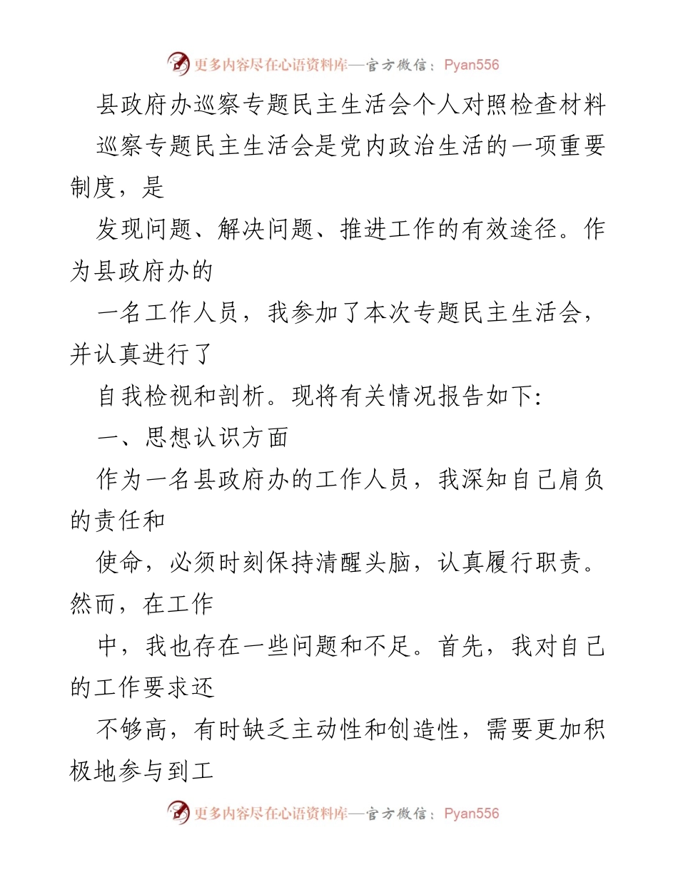 [发言] 巡察专题民主生活会 - 自我检视与反思报告.docx_第1页
