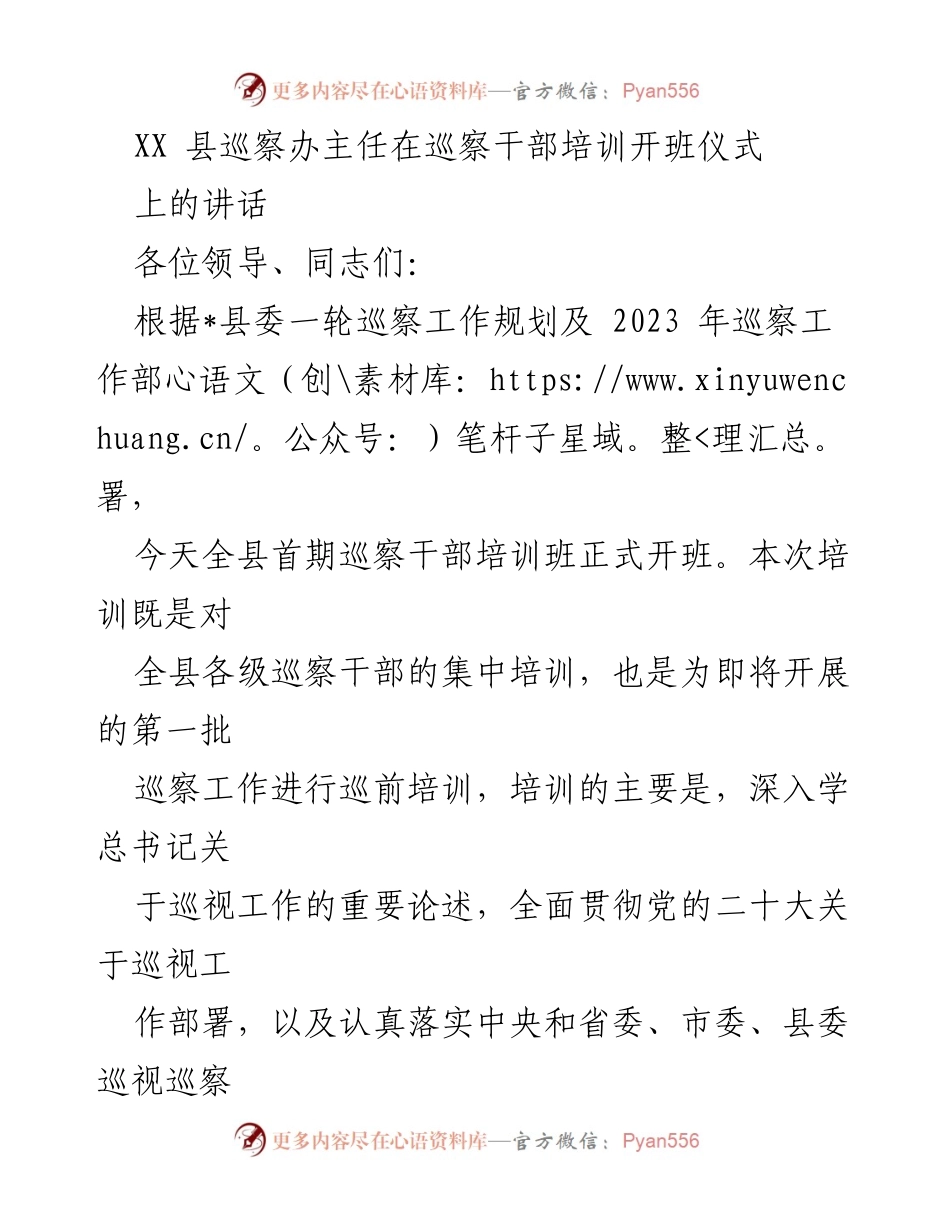 [发言] 巡察干部培训开班仪式 - 加强巡察工作的重要性与任务部署.docx_第1页