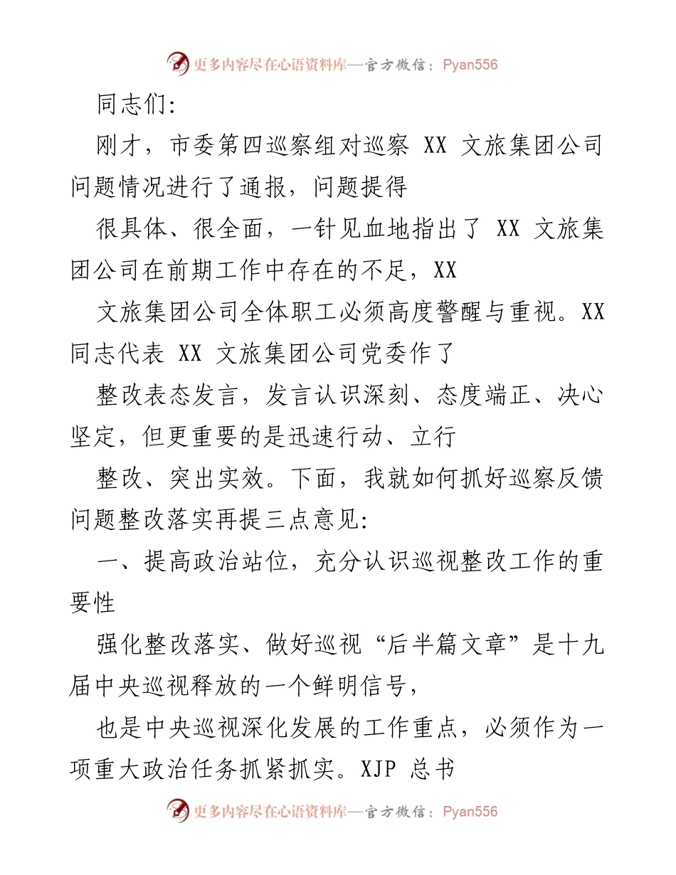 [发言] 巡察反馈会 - 加强巡视整改落实的三点意见.docx_第1页