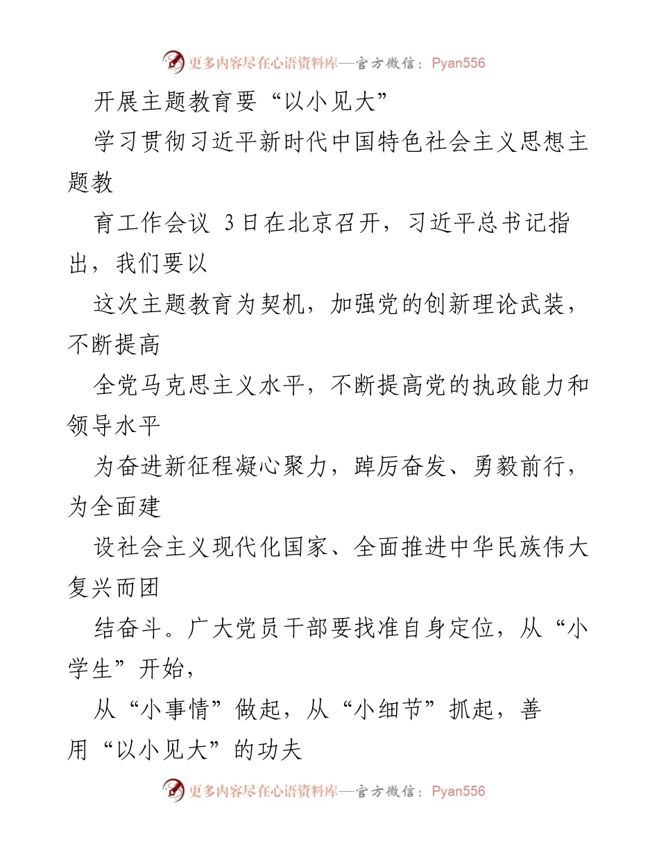 [发言] 学习贯彻习近平新时代中国特色社会主义思想主题教育工作会议 - 开展主题教育要“以小见大”.docx_第1页