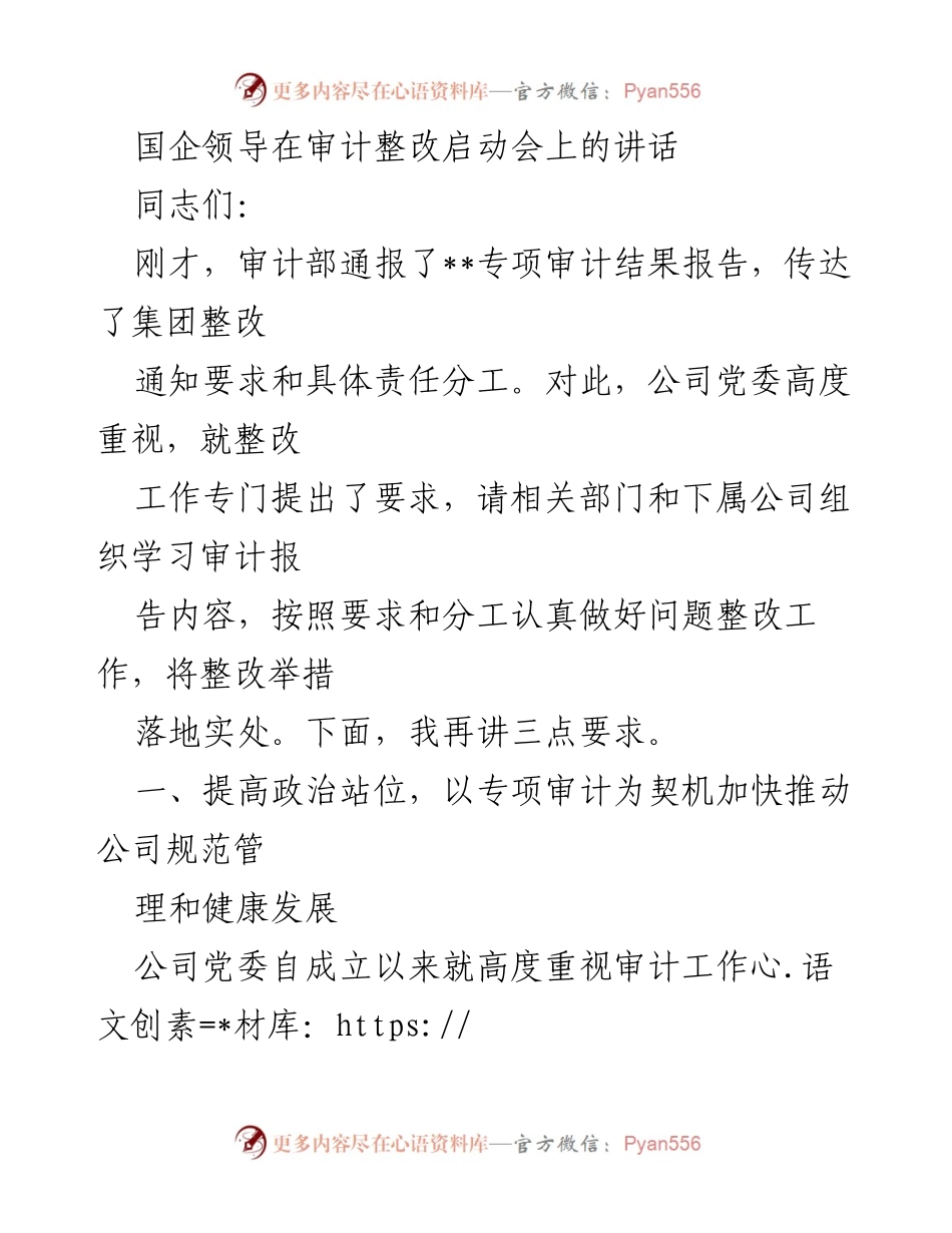 [发言] 审计整改启动会 - 强化审计整改，推动公司健康发展.docx_第1页