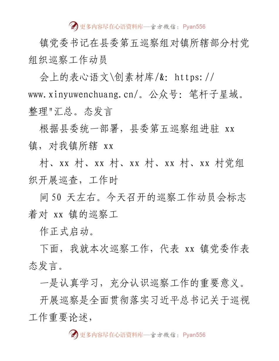 [发言] 巡察工作动员会 - 镇党委书记对巡察工作的表态发言_3.docx_第1页