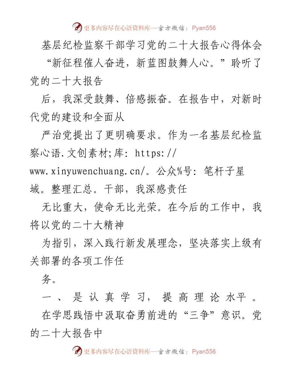 [发言] 学习交流会 - 基层纪检监察干部学习党的二十大报告心得体会.docx_第1页