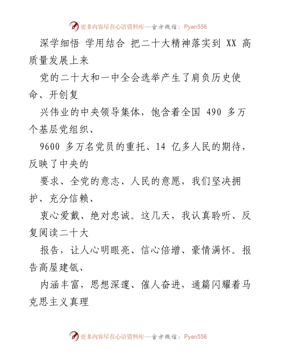 [发言] 学习贯彻党的精神 - 深学细悟，落实二十大精神助力XX高质量发展.docx_第1页