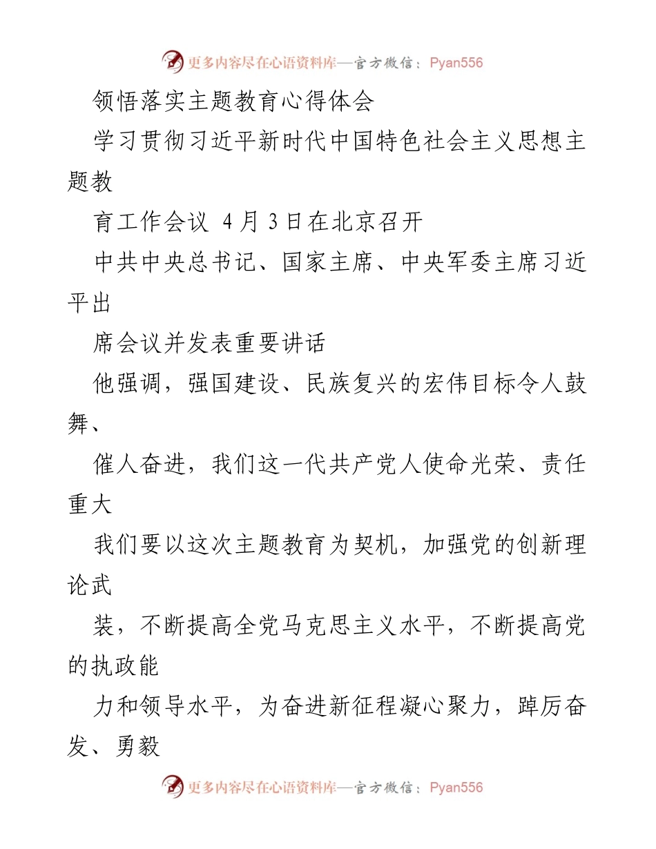 [发言] 学习贯彻习近平新时代中国特色社会主义思想主题教育工作会议 - 深入领悟习近平新时代中国特色社会主义思想，推动主题教育落实.docx_第1页