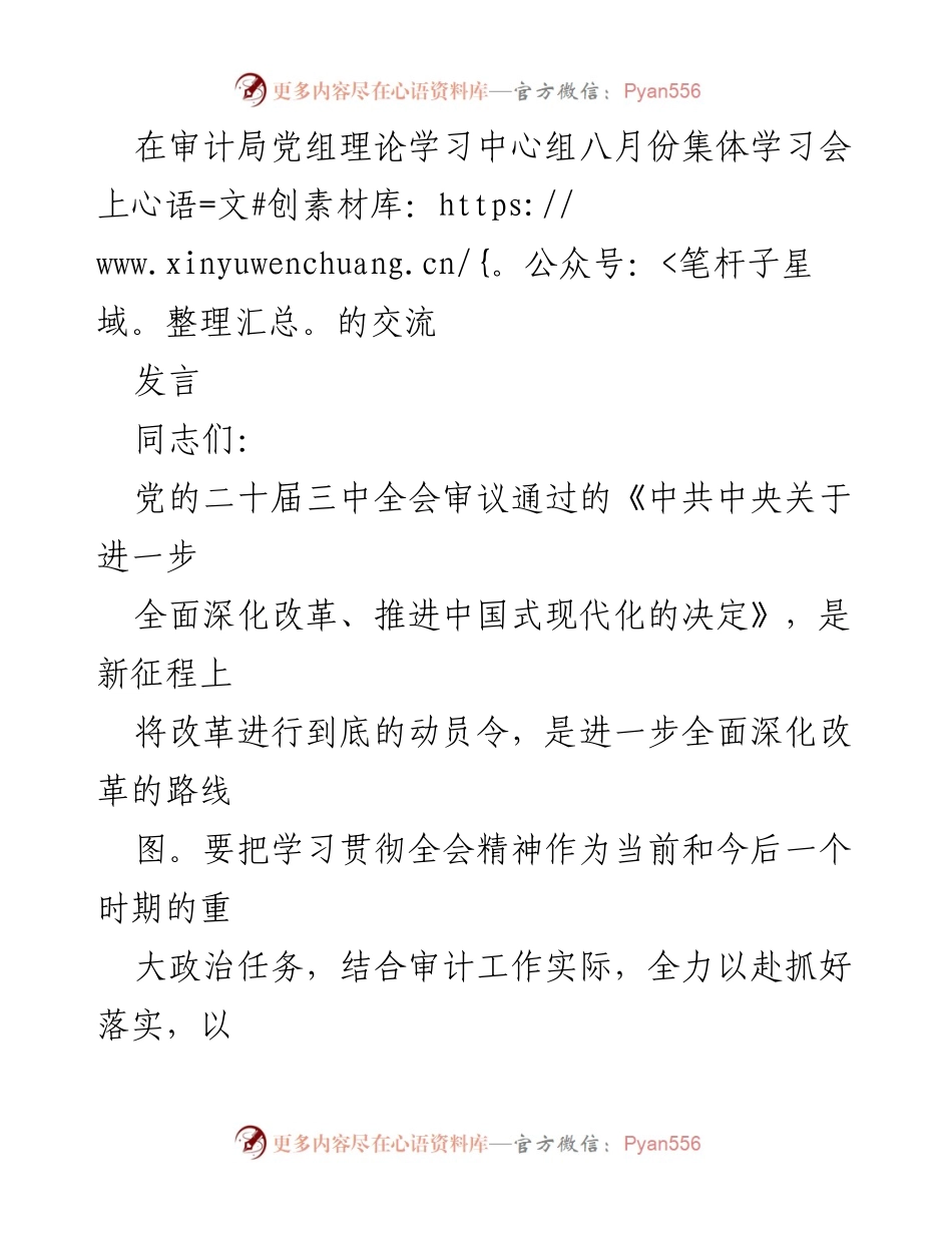 [发言] 审计局党组理论学习中心组学习会 - 深入学习贯彻党的二十届三中全会精神，推动审计服务改革.docx_第1页