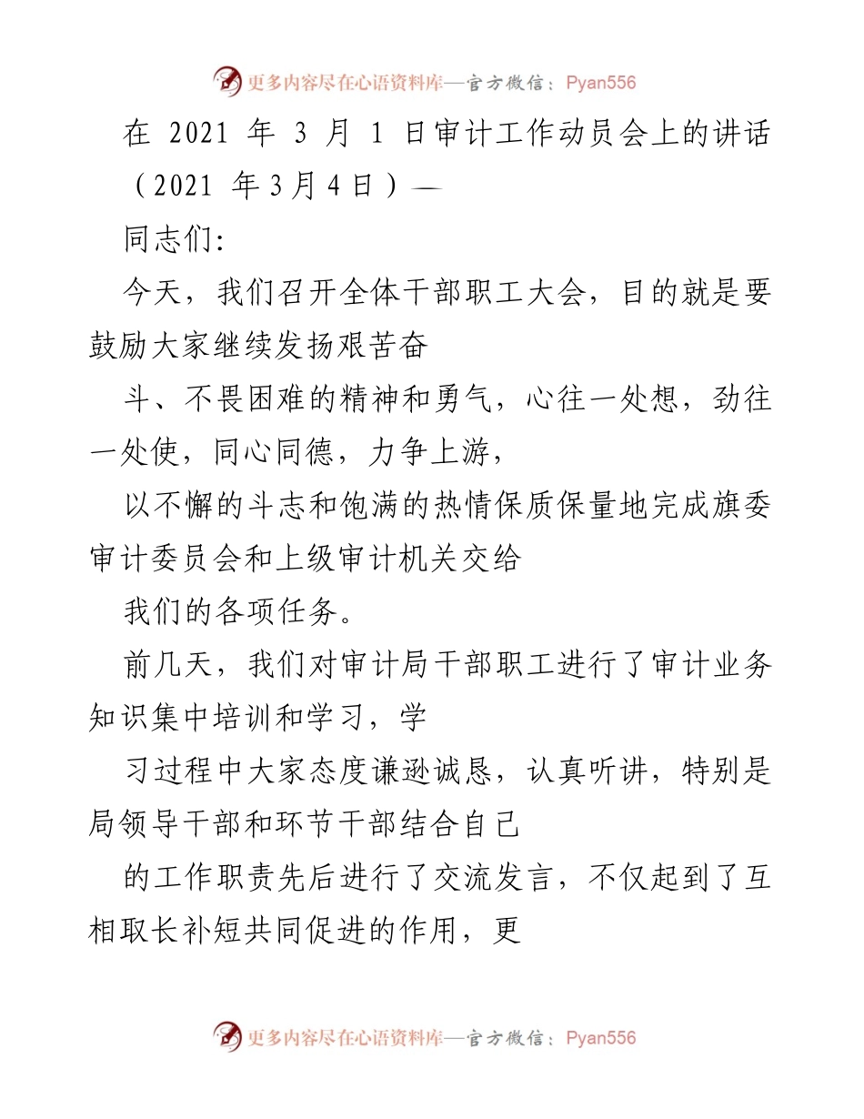 [发言] 审计工作动员会 - 提高政治站位，打赢2021年审计工作攻坚战.docx_第1页