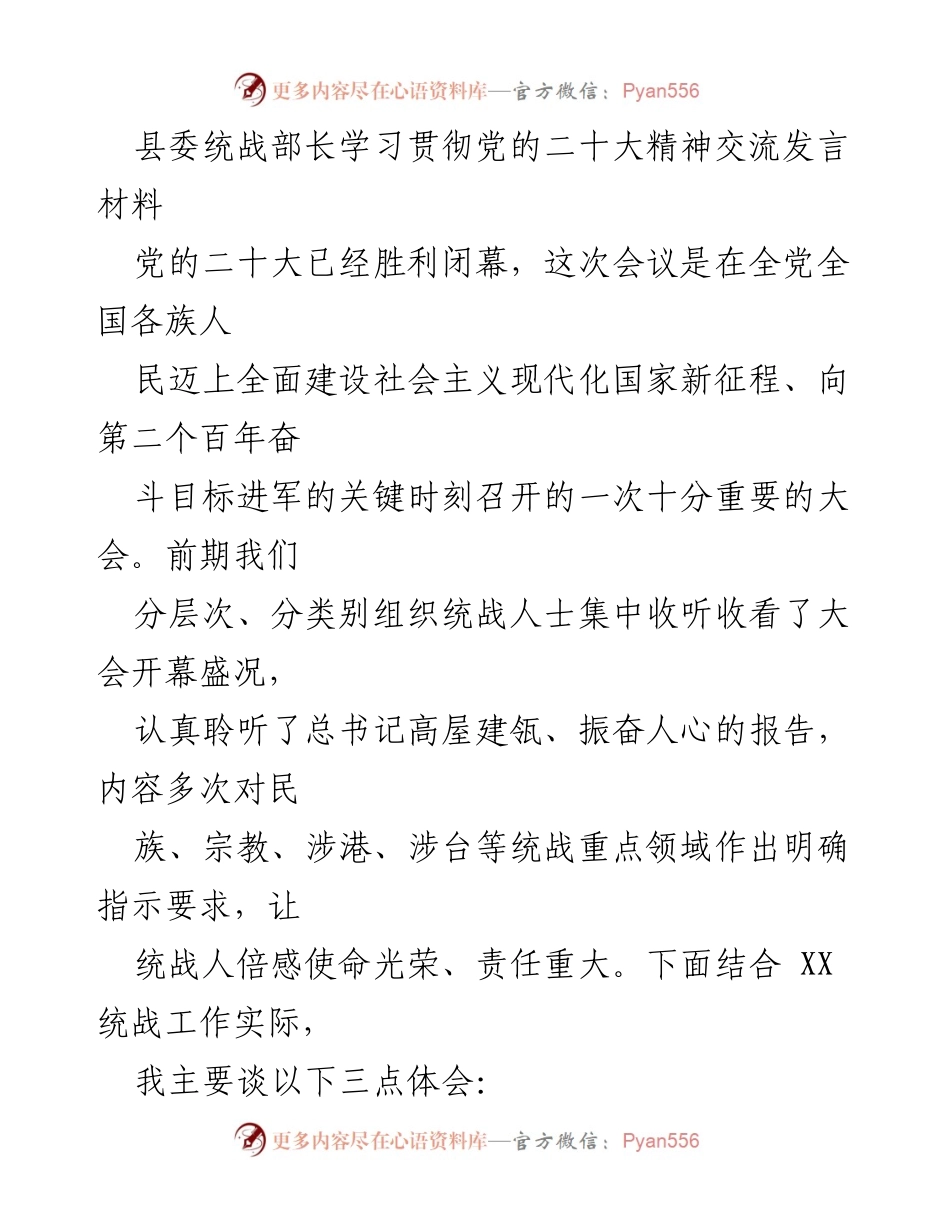 [发言] 学习贯彻党的二十大精神交流会 - 统战工作新使命与落实路径探讨.docx_第1页