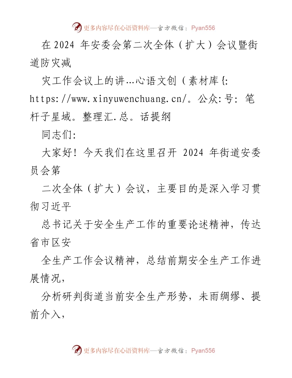 [发言] 安委会第二次全体（扩大）会议 - 深入学习习近平总书记安全生产论述，强化街道安全责任落实.docx_第1页