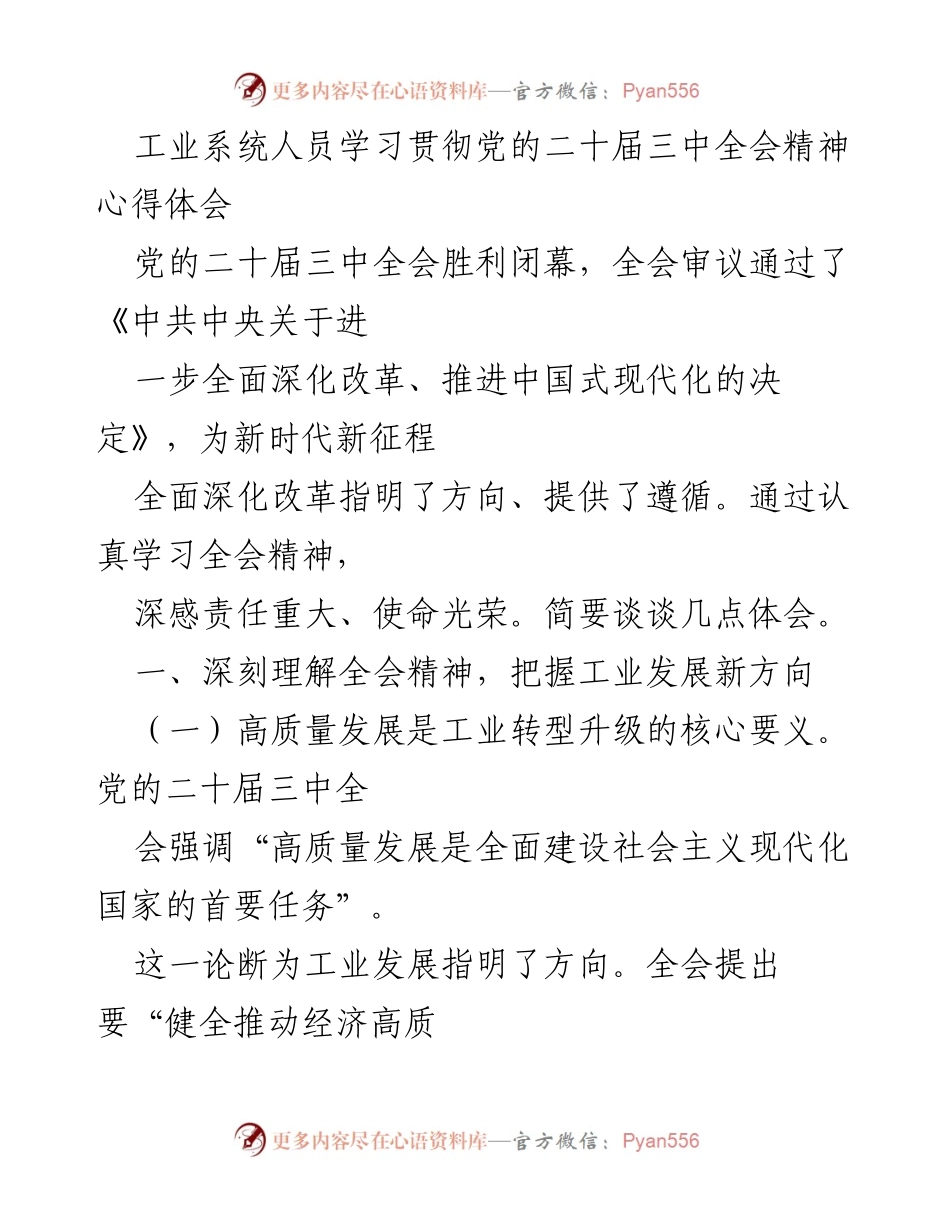 [发言] 学习贯彻党的二十届三中全会精神 - 深刻领会全会精神，推动工业高质量发展.docx_第1页