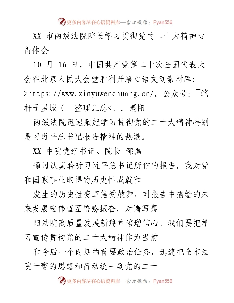 [发言] 学习贯彻党的二十大精神 - 襄阳法院院长学习贯彻党的二十大精神心得体会.docx_第1页