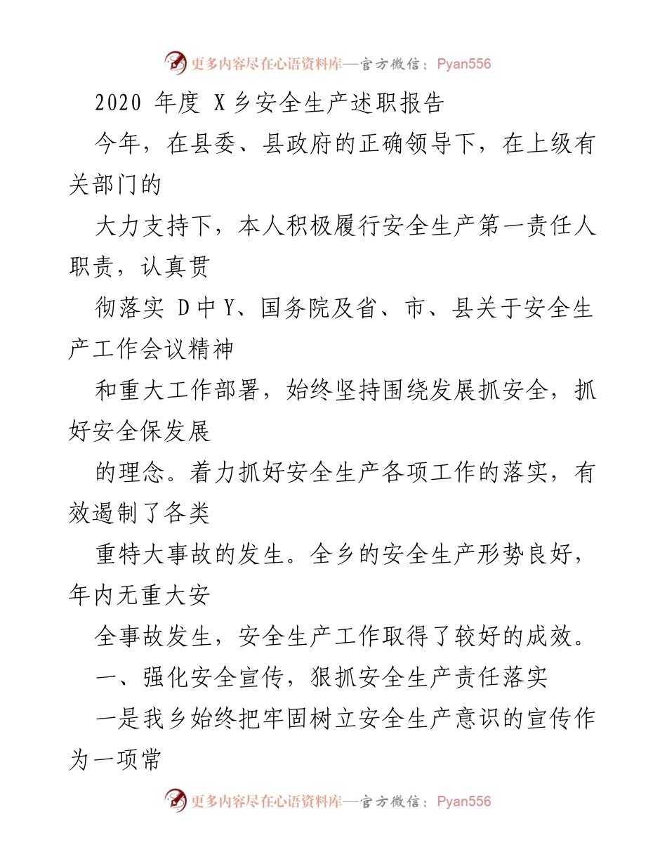 [发言] 安全生产工作会议 - 2020年度X乡安全生产工作述职报告.docx_第1页
