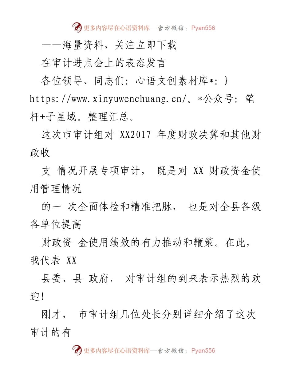 [发言] 审计进点会 - 加强财政审计，提升资金使用绩效.docx_第1页