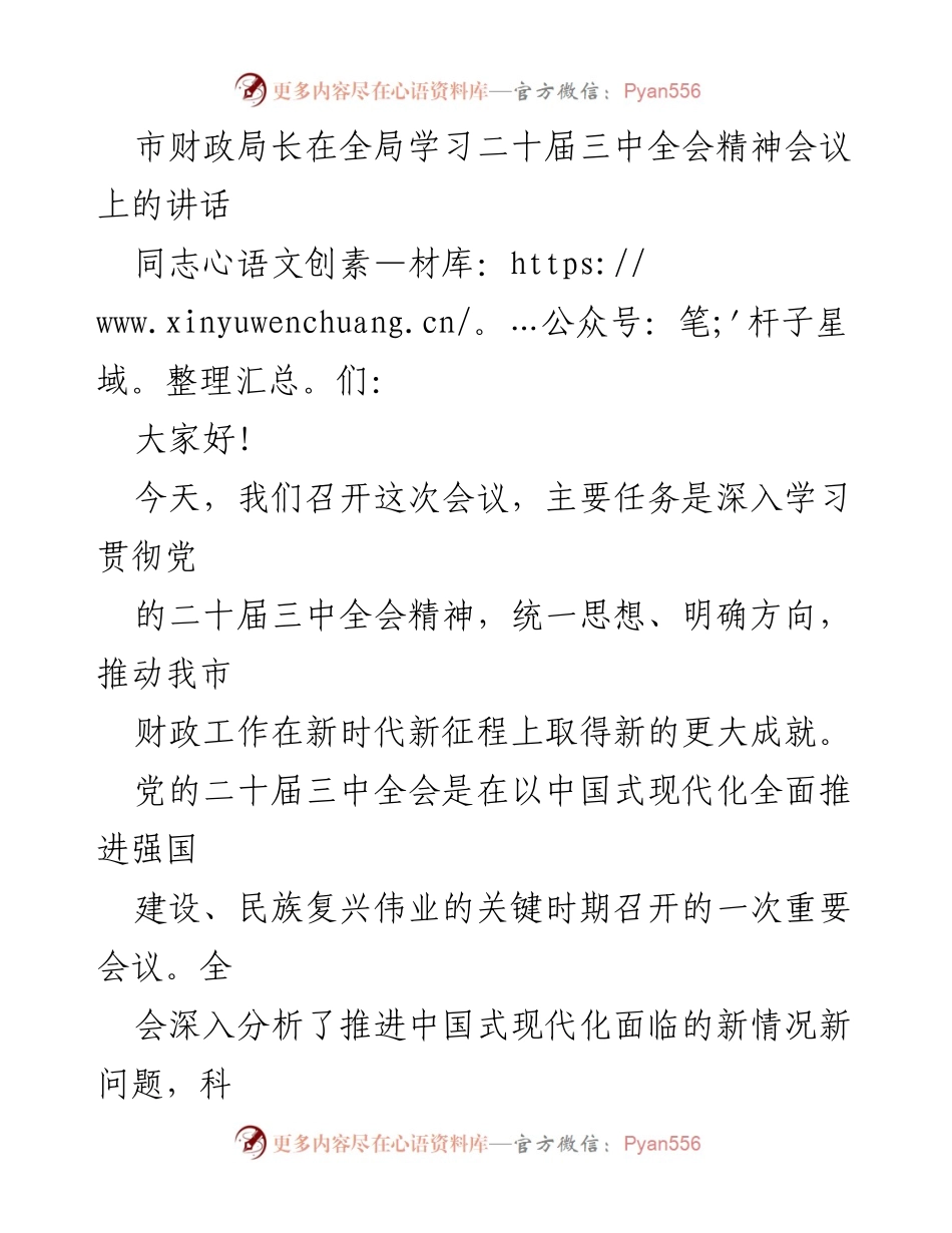 [发言] 学习会议 - 深入学习贯彻党的二十届三中全会精神，推动财政工作新发展.docx_第1页