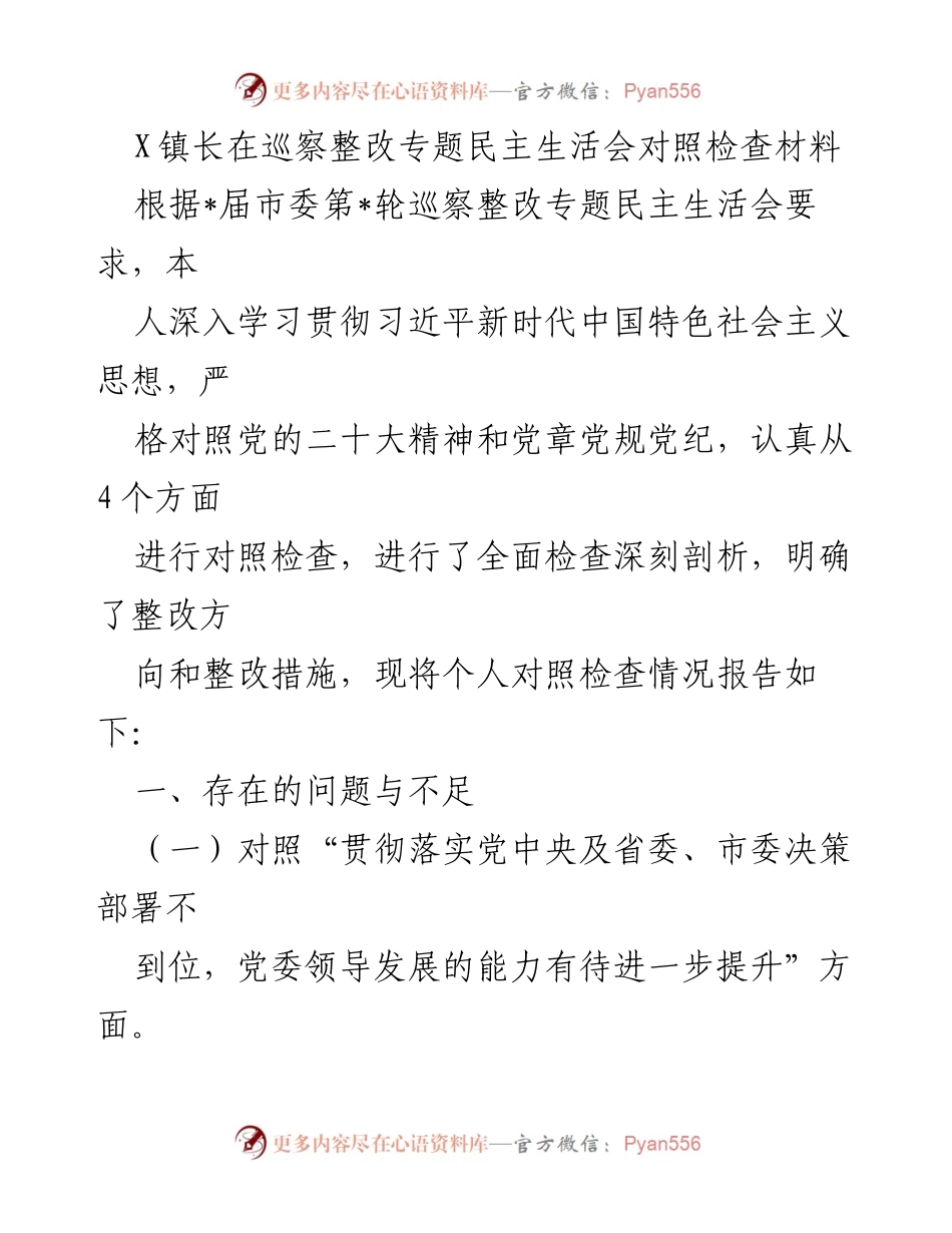 [发言] 巡察整改专题民主生活会 - X镇长巡察整改对照检查材料总结.docx_第1页