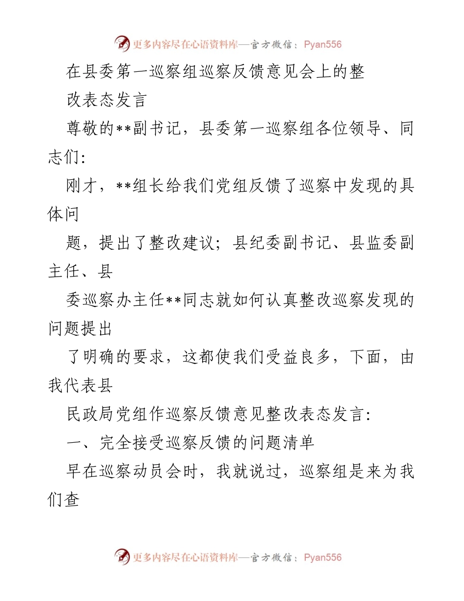 [发言] 巡察反馈意见会 - 巡察整改表态发言.docx_第1页