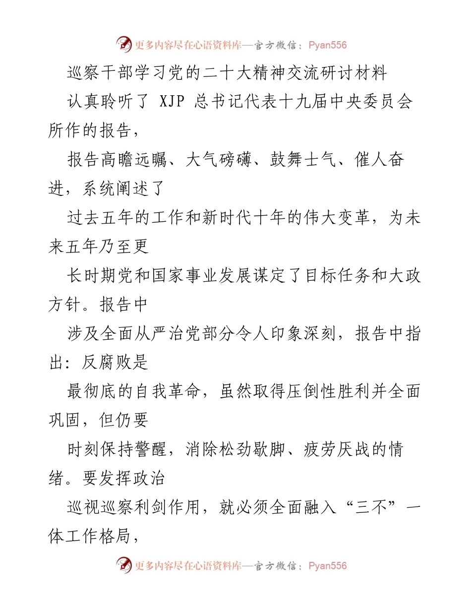 [发言] 学习交流会 - 深刻领会党的二十大精神，提升巡察工作效能.docx_第1页