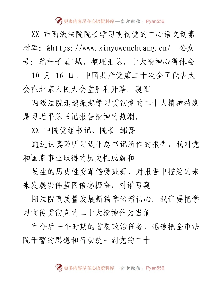 [发言] 学习贯彻党的二十大精神 - 深入学习党的二十大精神，推动襄阳法院高质量发展.docx_第1页