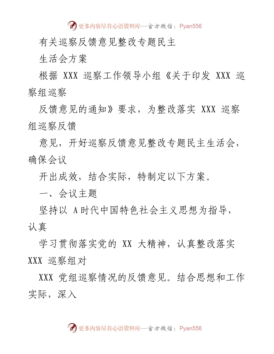 [发言] 巡察反馈整改会议 - 巡察反馈意见整改专题民主生活会方案.docx_第1页