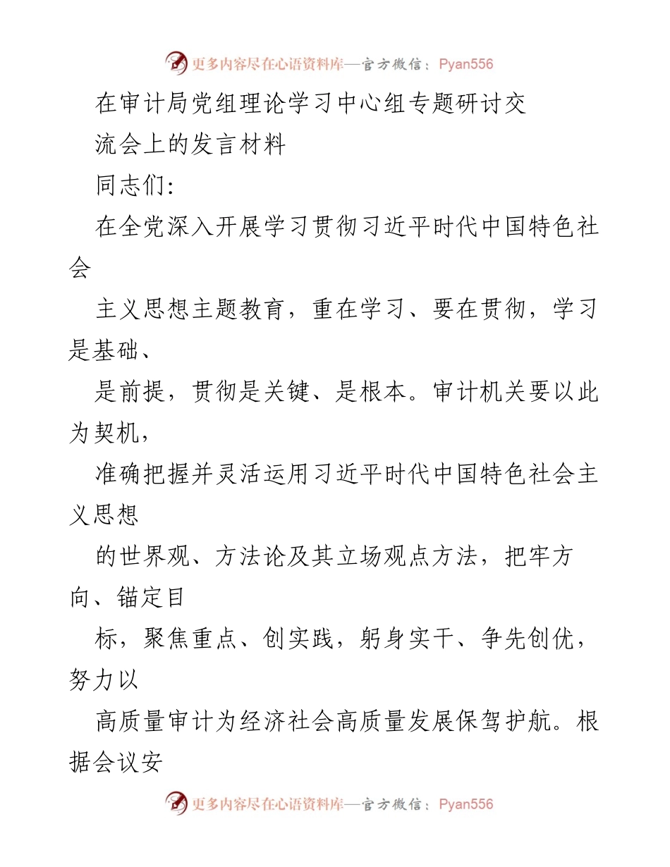 [发言] 审计局党组理论学习中心组专题研讨交流会 - 深入学习贯彻习近平新时代中国特色社会主义思想，推动审计高质量发展.docx_第1页