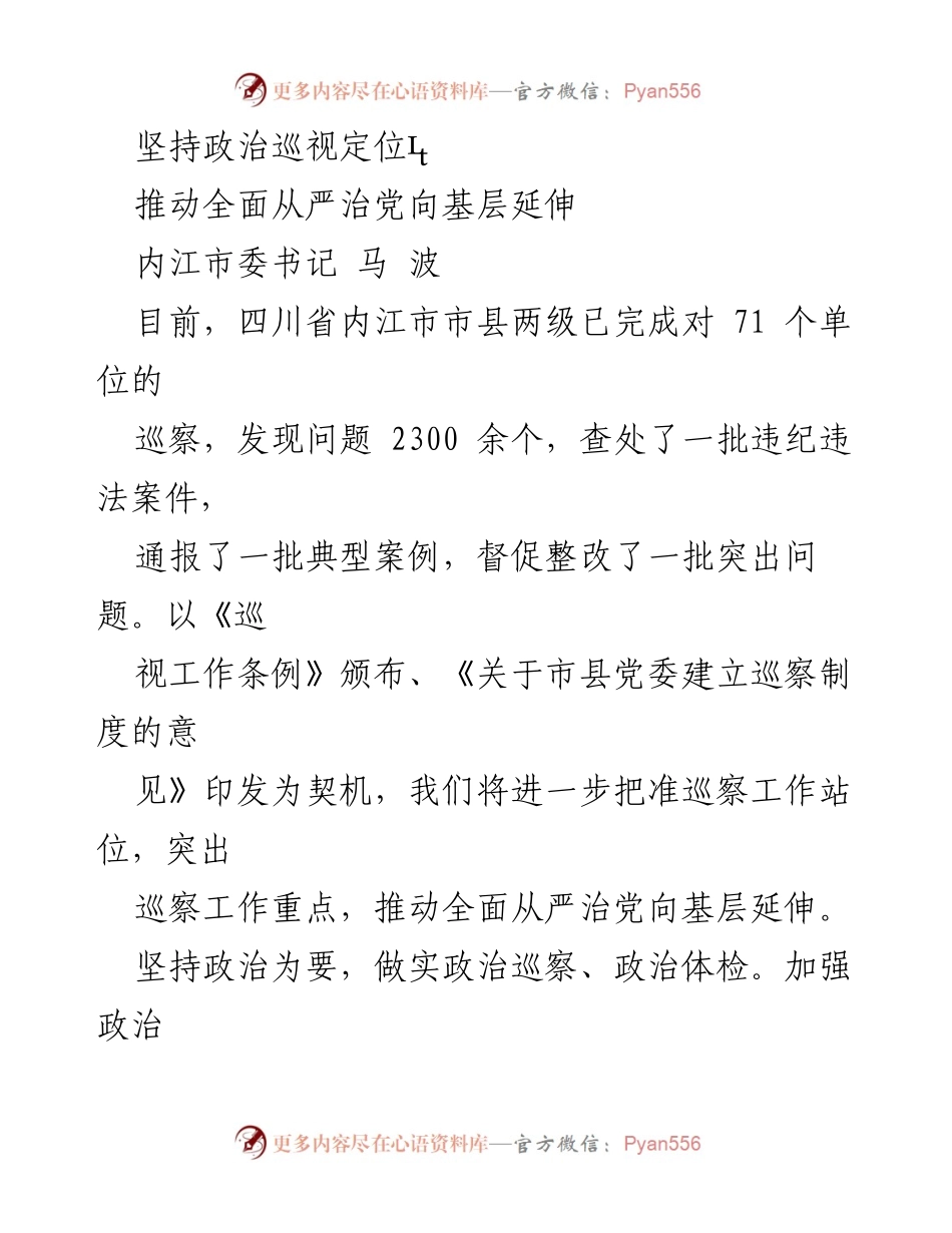 [发言] 川内市政治巡视工作会议 - 坚持政治巡视定位，推动全面从严治党向基层延伸.docx_第1页