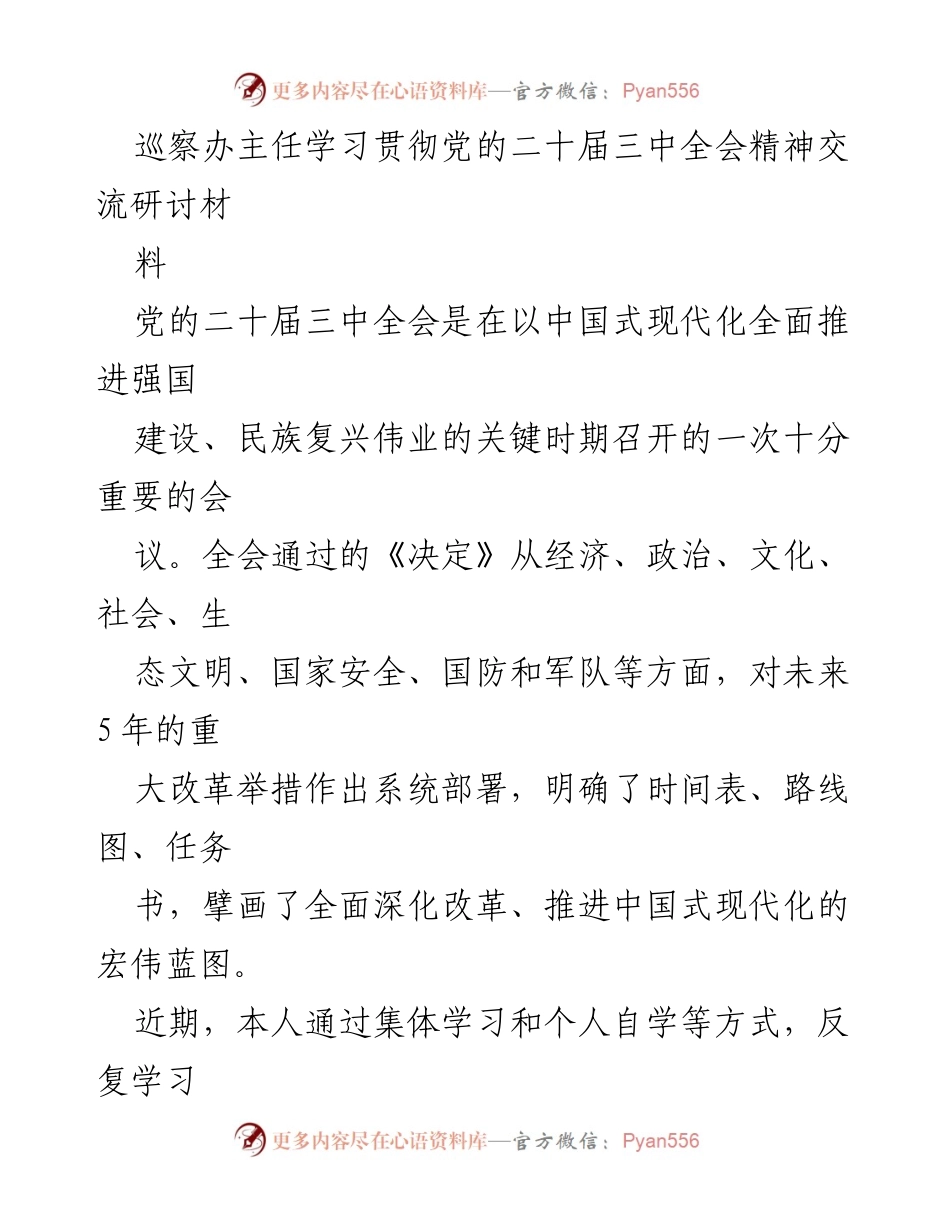 [发言] 学习贯彻党的二十届三中全会精神研讨会 - 深入学习贯彻党的二十届三中全会精神，推动政治巡察高质量发展.docx_第1页